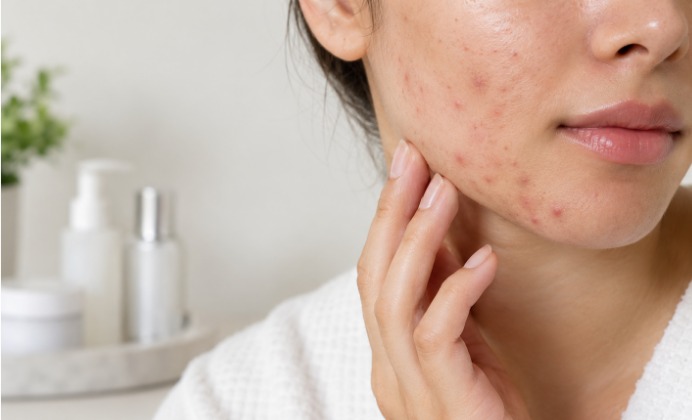 Woman examining acne breakouts on her cheek and jawline